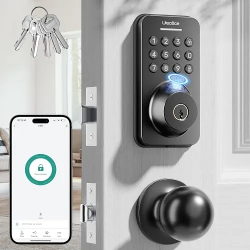 The Ulecoce fingerprint deadbolt installed on a front door in matte black