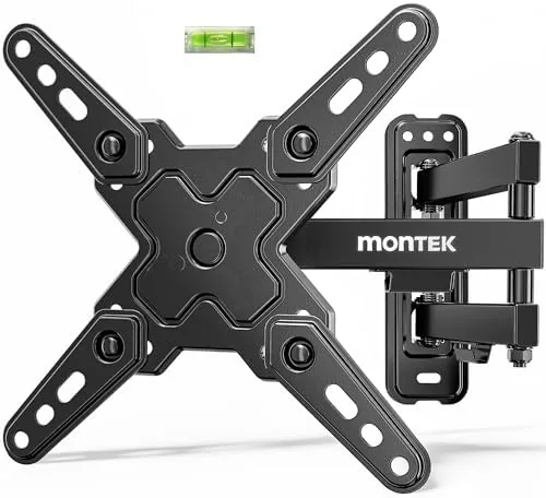 The monTEK full motion mount holding a small TV extended away from the wall