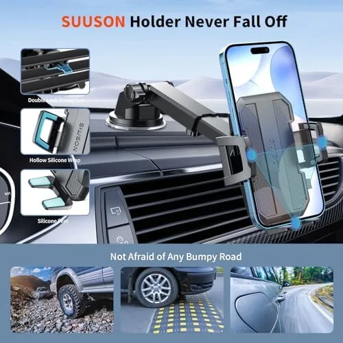 The mount attached to a car dashboard holding a large smartphone