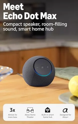Amazon Echo Dot Max in graphite sitting on a living room shelf
