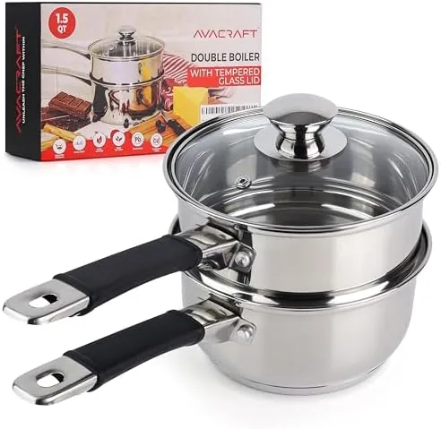 The AVACRAFT 1.5 quart double boiler with the upper pot and glass lid