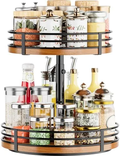 The two tier wood lazy susan fully assembled on a kitchen countertop