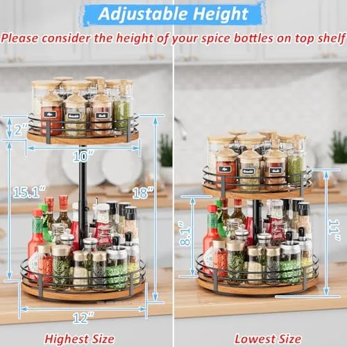 The lazy susan loaded with spice jars and rotating on a pantry shelf