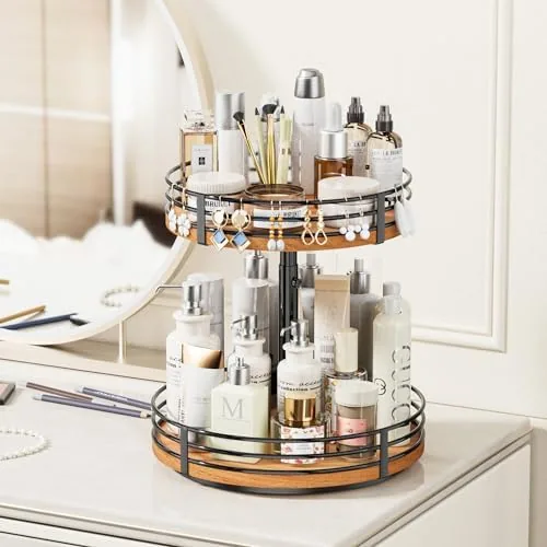 The lazy susan organizing bottles and lotions on a bathroom vanity
