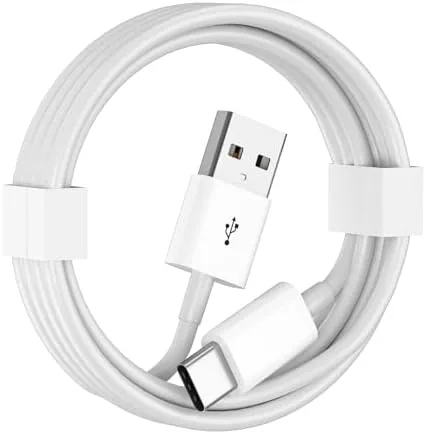 The white 3 foot USB-A to USB-C cable coiled on a car seat