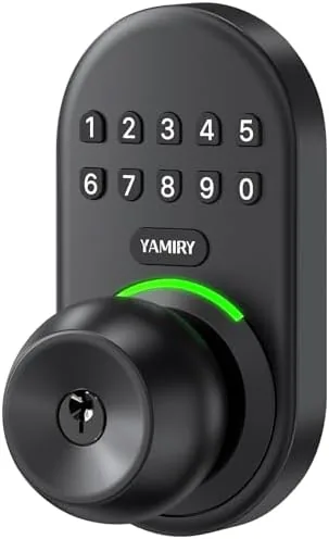 The Yamiry keypad smart door knob lock installed on a front door