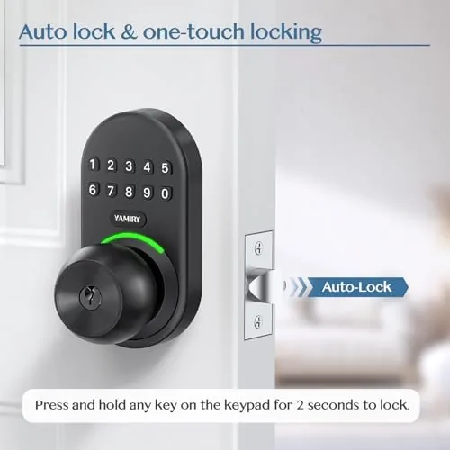 A hand entering a code on the backlit keypad of the Yamiry lock