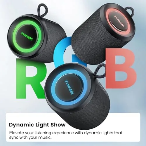 Two of the speakers paired in stereo at a backyard party with lights glowing