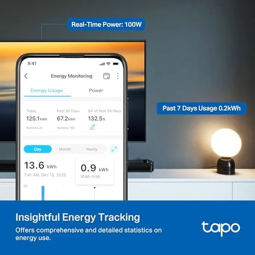 The Tapo app showing real time wattage and usage history