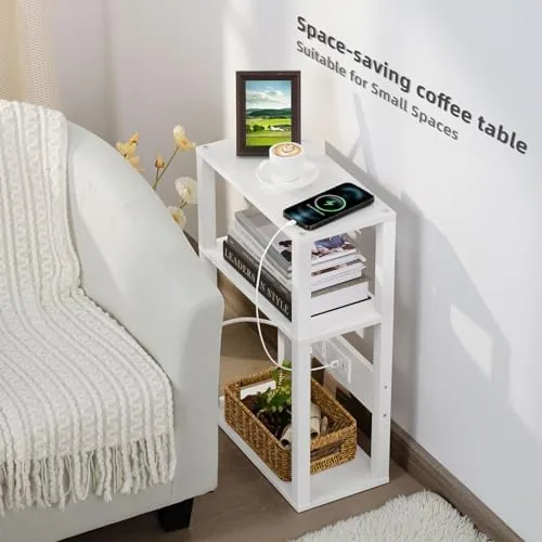 The YUFAM 3-Tier Narrow Bedside Table with Charging Station, Skinny Nightstand in real use