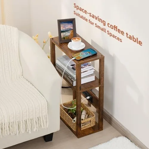 The YUFAM 3-Tier Narrow Bedside Table with Charging Station, Skinny Nightstand in real use