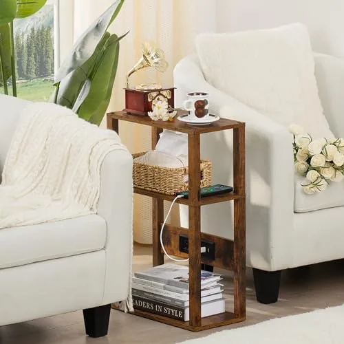 Another view of the YUFAM 3-Tier Narrow Bedside Table with Charging Station, Skinny Nightstand
