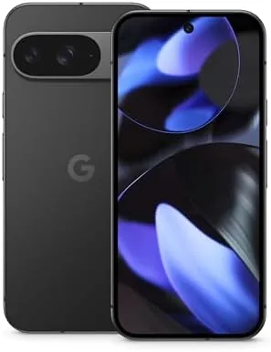 The Google Pixel 9 in Obsidian resting on a table