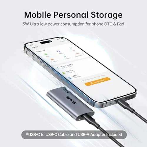 Detail shot of the SSK 256GB Portable SSD External Hard Drive Solid State Drive features