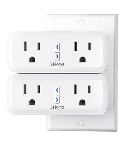 The GHome dual smart plug two pack with both fixtures showing two outlets each