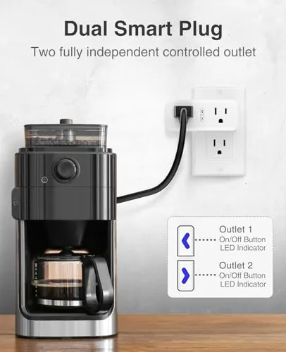 Close up of the GHome dual smart plug showing the two outlets and their status LEDs