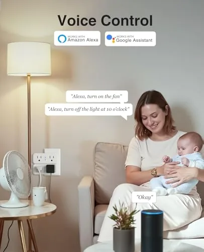 A floor lamp and a fan plugged into the two outlets of the GHome dual smart plug