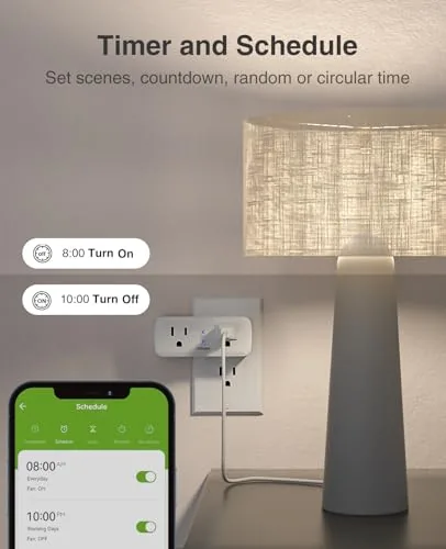 The GHome dual smart plug beside a single smart plug showing the size and outlet difference