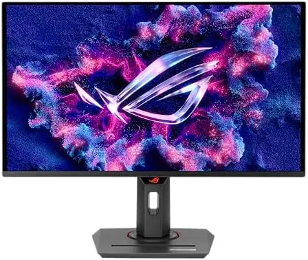 The ASUS ROG Strix XG27ACDNG QD-OLED gaming monitor on a desk with a game on screen