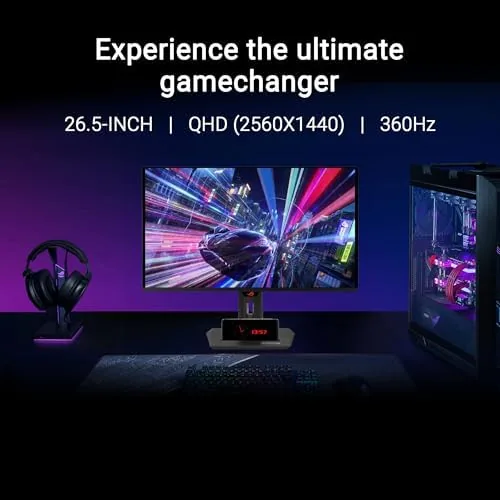 Rear view of the XG27ACDNG showing the ROG logo lighting and the ergonomic stand