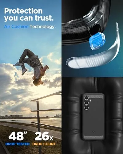 The Spigen Galaxy S24 FE case held in a hand on a table