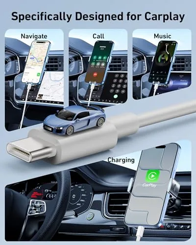 CarPlay cable connected to a phone mounted in a car