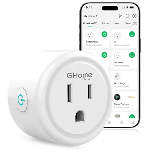 White GHome smart plug plugged into a kitchen outlet
