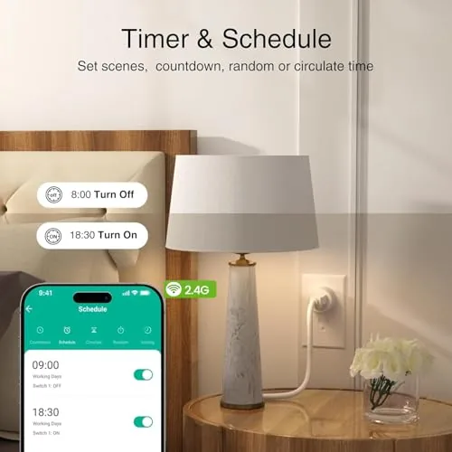 White GHome plug beside a monitoring smart plug