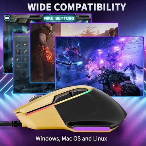 Complete gaming desk setup with the RGB mouse in place