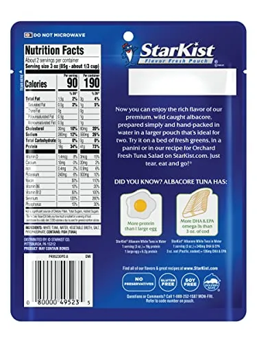 Open StarKist tuna pouch showing the drained white tuna flakes