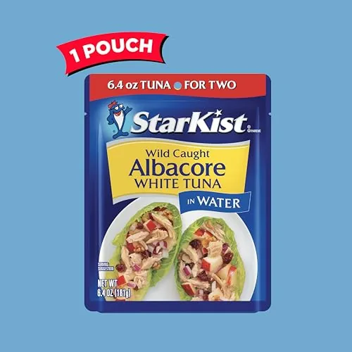 Albacore tuna pouch beside a can of chunk light tuna