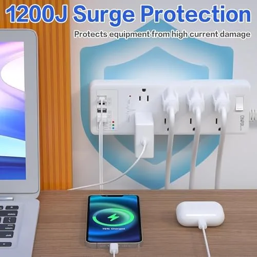 Detail shot of the Surge Protector Power Strip, Extension Cord with USB Timer 8 features