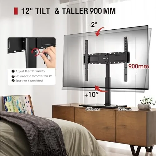 The television swiveled at an angle toward a side sofa while the base stays put