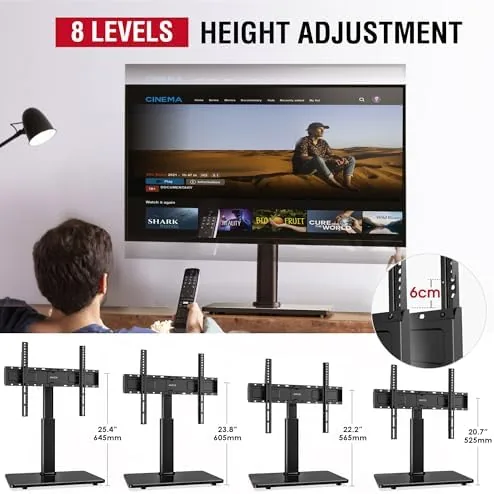The television mounted at mid height with the stand column fully assembled