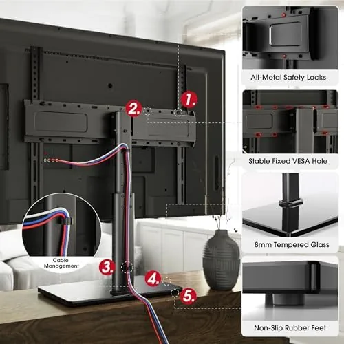The Swivel stand in a bedroom setup with the television at seated eye level