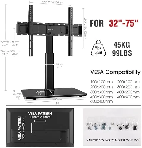 The assembled stand on a tall cabinet with the television at a higher height setting