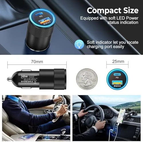 Another view of the 6 Pack USB C Car Charger, Ancekoy 38W USB-C +