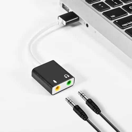 Detail shot of the QAJOPFN USB Audio Adapter, External Sound Card for PC and features