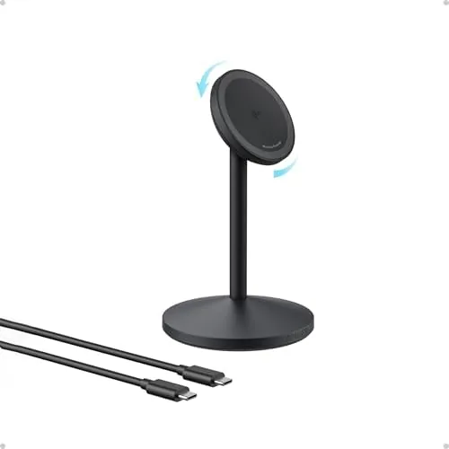Front view of the Anker MagGo Qi2 stand with a phone snapped to the magnetic head
