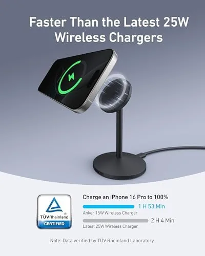 Anker MagGo Qi2 stand on a desk charging a phone upright in portrait mode