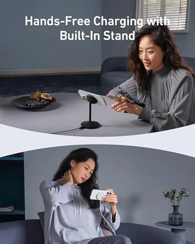 Anker MagGo Qi2 stand in a dark room showing the subtle charge indicator light