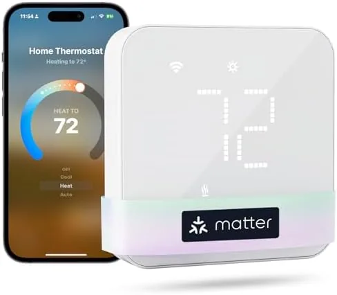 The meross Matter smart thermostat installed on a wall above a heating vent