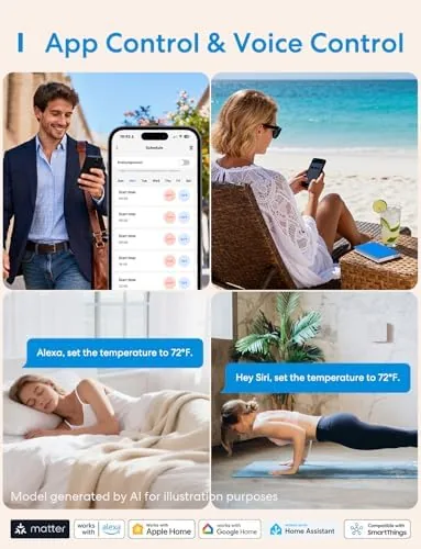 The meross thermostat next to a premium smart thermostat and a basic programmable model