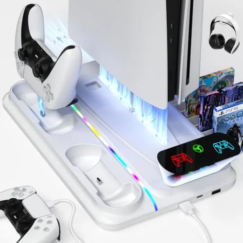 The heclynis cooling stand holding a vertical PS5 with the RGB lighting visible