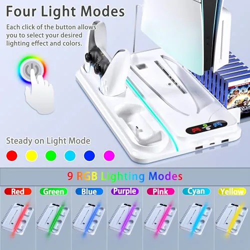Two DualSense controllers charging on the stand with the charging lights visible