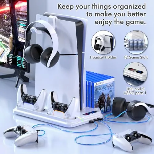 The stand in a finished gaming setup with the console, controllers, and RGB glow