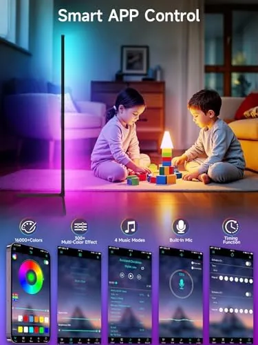 The Tyute lamp cycling through a rainbow of colors in a bedroom
