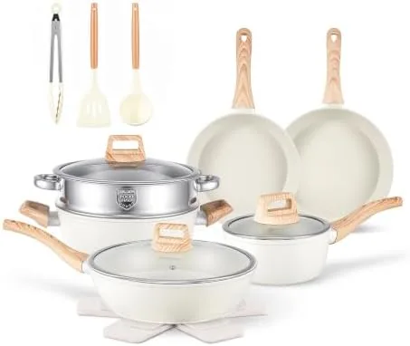 The 16 piece non stick cookware set arranged on a kitchen counter