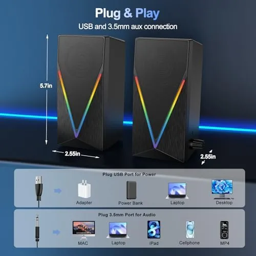 Detail shot of the Computer Speakers, Desktop PC Speakers with 6 Colorful RGB Lights features