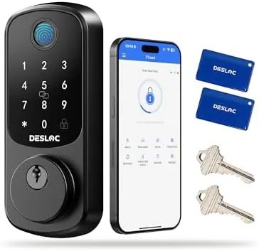 The DESLOC B200 fingerprint smart lock mounted on a front door